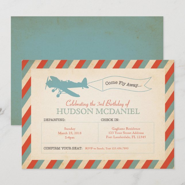 Vintage Flugzeug-Kindergeburtstag-Party Einladung (Vorne/Hinten)