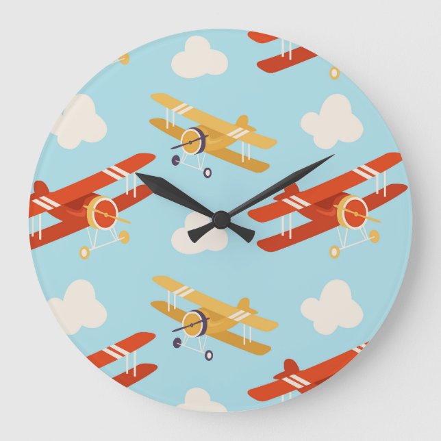 Vintage Flugzeug Wolken Hintergrundmuster Große Wanduhr (Vorderseite)