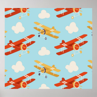 Vintage Flugzeug Wolken Hintergrundmuster Poster