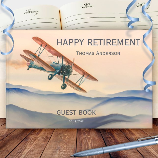 Vintage Flugzeugruhestand Gästebuch (Retro retirement guest book featuring a painting of a vintage airplane on a hilly landscape)