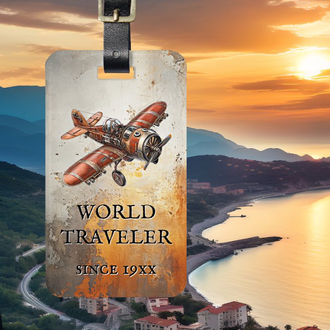 Vintage Flugzeugsteampe Gepäckanhänger (Luggage tag featuring a vintage steampunk airplane on a grunge artistic background - world traveler)