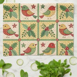 Vintage Folk Art Christmas Birds & Holly Berry Geschirrtuch