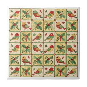 Vintage Folk Art Weihnachtsvogel Stechpalmenmuster Fliese
