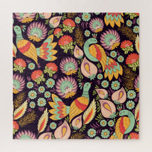 Vintage Folk Floral Birds Ornament