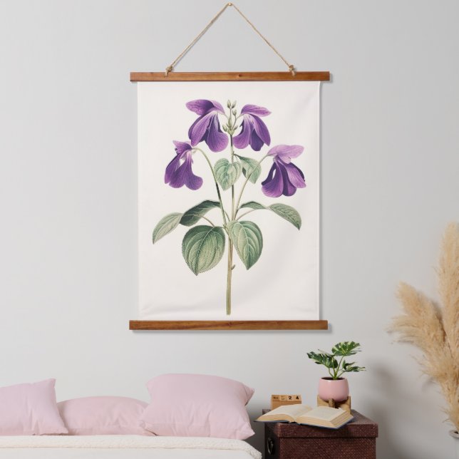 Vintage Foot Violet Botanische Blume Wandteppich Mit Holzrahmen (Schlafzimmer)
