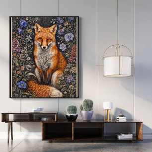 Vintage-Fox-Blumen-Kunstposter   Waldtier Poster