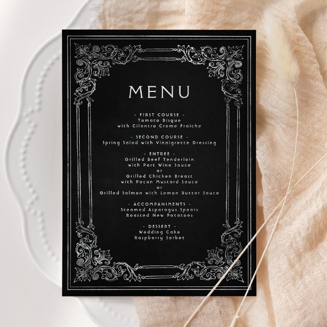 Vintage Frame Black Silver Wedding Menu Menükarte (Von Creator hochgeladen)
