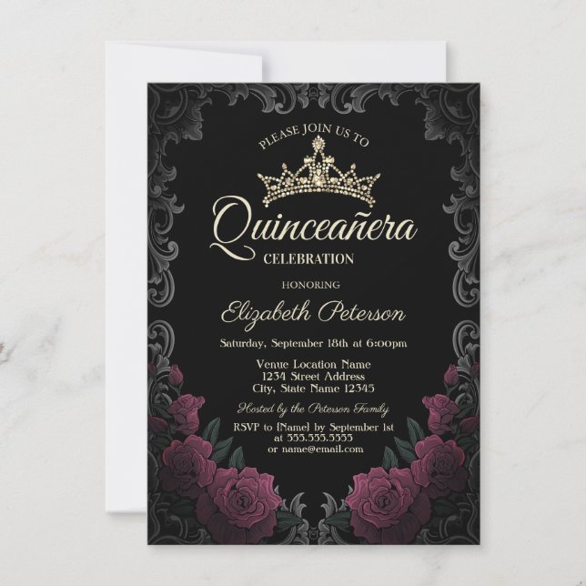 Vintage Frame Dark Red Roses Gothic Quinceañera  Einladung (Vorderseite)