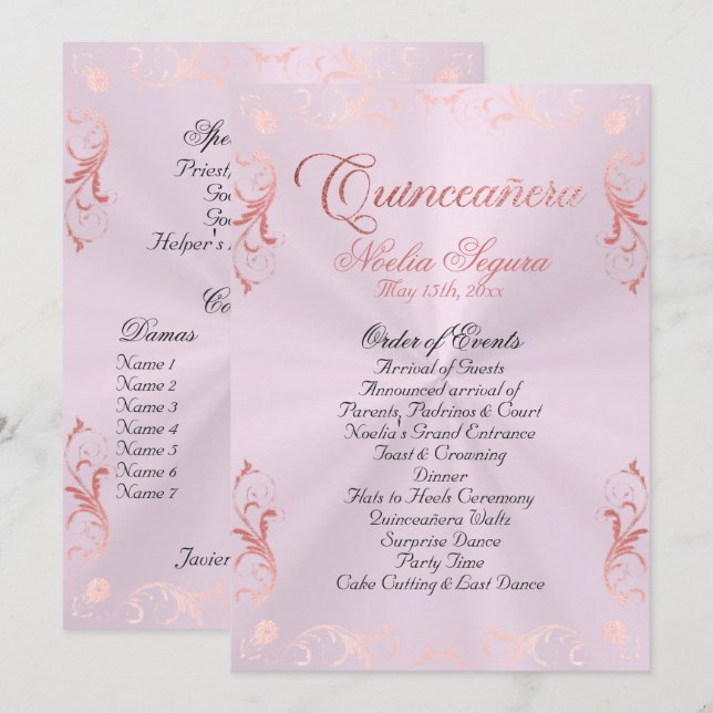 Vintage Frame Quinceanera Program - Pink/Rose Gold Programm (Vorne/Hinten)