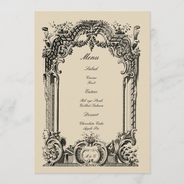 Vintage Französische Barock-Rokoko-Hochzeit Menükarte (Vorderseite)