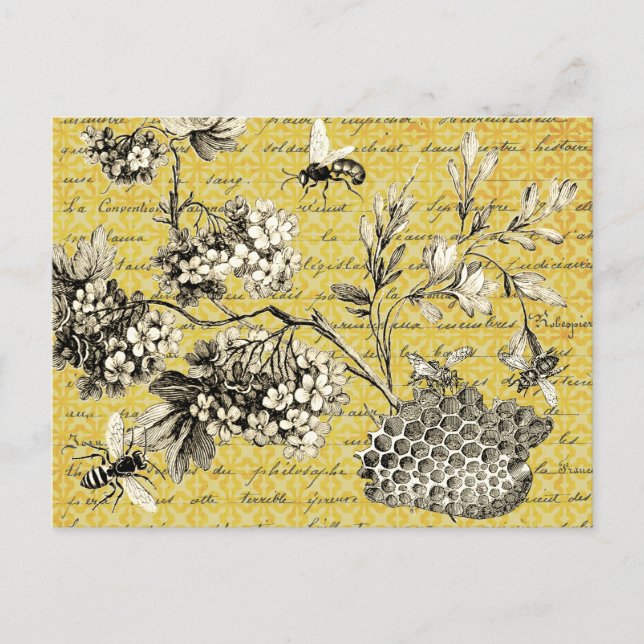 Vintage französische Biene und Blume Scrapbook Postkarte (Vorderseite)