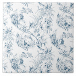 Vintage französische Blumenfantasiewelt-blau Fliese<br><div class="desc">Elegantes,  Vintages,  blau-weiß-farbenes Toilmuster aus dem 19. Jahrhundert,  das von einem in der Smithsonian-Kollektion zeichnend Franzosen mit Fantasy-Blume,  Blätter und Weinreben mit kupiden,  einheimischen Kriegern und menschlichen Figuren angepasst wurde.</div>