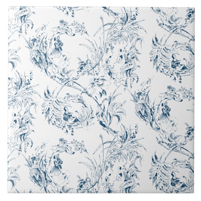 Vintage französische Blumenfantasiewelt-blau Fliese (Vorderseite)