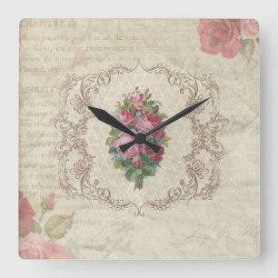 Vintage französische Blumenpostkarte Quadratische Wanduhr