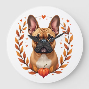 Vintage Französische Bulldogge mit Herbstlaubkranz Große Wanduhr