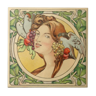 Vintage französische Frau Jugendstil-Keramik Fliese