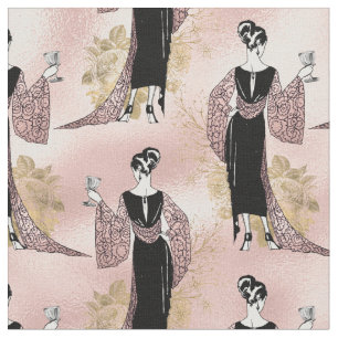 Vintage französische Frau mit Wein in Rosa Stoff