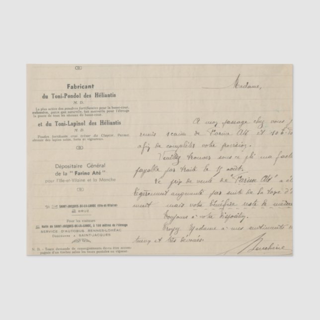 Vintage französische Handschrift Seidenpapier (Vorderseite)