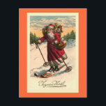 Vintage französische Karte "Santa on Skis"<br><div class="desc">Entworfen von Susan Epps Oliver. Vintages französisches Bild mit dem Weihnachtsmann auf den Skiern. Er sieht sehr glücklich aus,  einen Berg mit einem Obstkorb auf seinem Arm und einem Sack Spielzeug auf seinem Rücken hinunter zu fahren.</div>