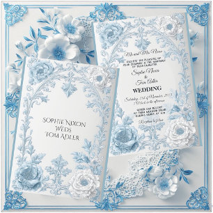 Vintage französische Landhochzeit Blumen Blau Weiß Einladung