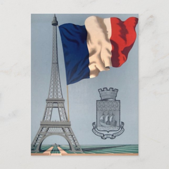 Vintage französische Nationalflagge und Eiffelturm Postkarte (Vorderseite)