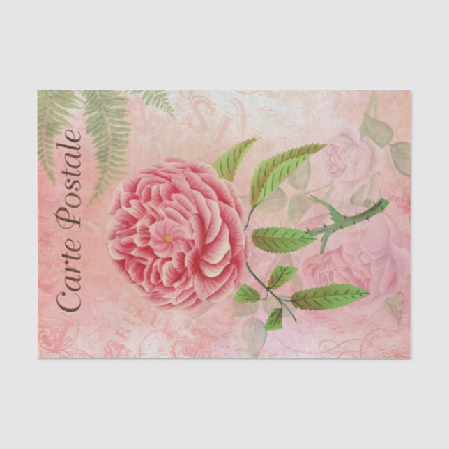 Vintage französische Postkarte Rosa Blume Dekoupag Seidenpapier (Vorderseite)