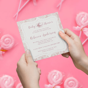 Vintage französische rosa Damast-Baby-Shower-Teepa Einladung