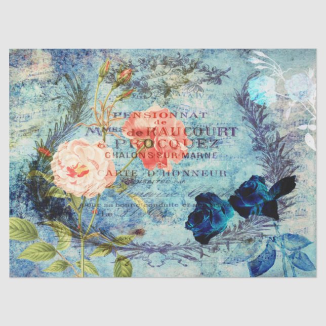 Vintage französische Rose blaues Dekoupage Tissue  Seidenpapier (Vorderseite)
