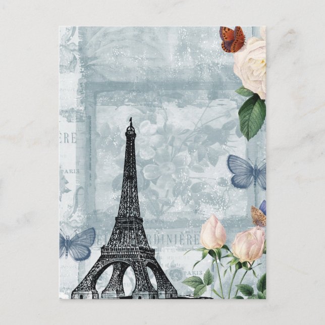 Vintage französische Schmetterlinge und Rose Postkarte (Vorderseite)