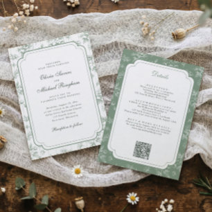 Vintage-französische Toile Blumengrün-Hochzeit Einladung