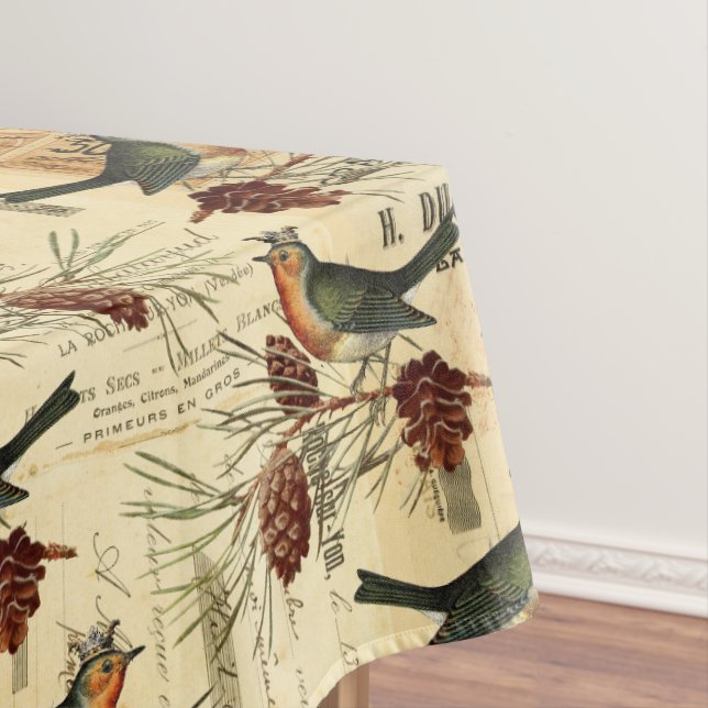 Vintage französische Vogelgrün-Script-Briefmarke Tischdecke (Beispiel)