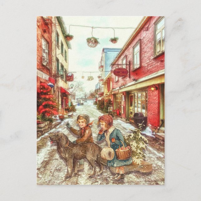 Vintage französische Weihnachtskinder in der Stadt Postkarte (Vorderseite)