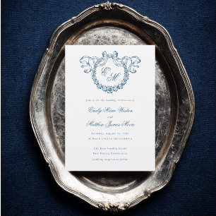 Vintage französischer Monogramm-Kranz Blaue Hochze Einladung