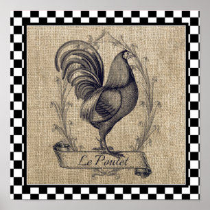 Vintage französisches Huhn auf Schachbrettmuster Poster