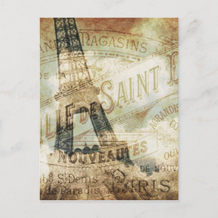 Vintage französisches Label und Eiffelturm Postkarte