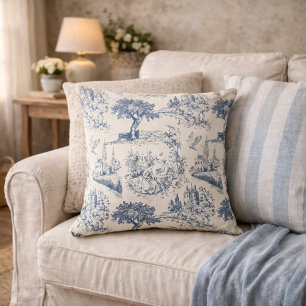 Vintage Französisches Landhaus "Blaue Toile de Jou Kissen