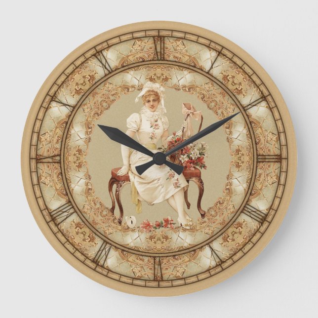 Vintage Frau auf der Bank Große Wanduhr (Vorderseite)