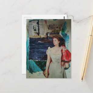 Vintage Frau entlang des Flusses Mixed Media Colla Postkarte