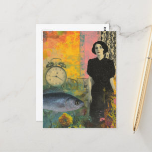 Vintage Frau mit farbenfroher Fisch-Collage Postkarte