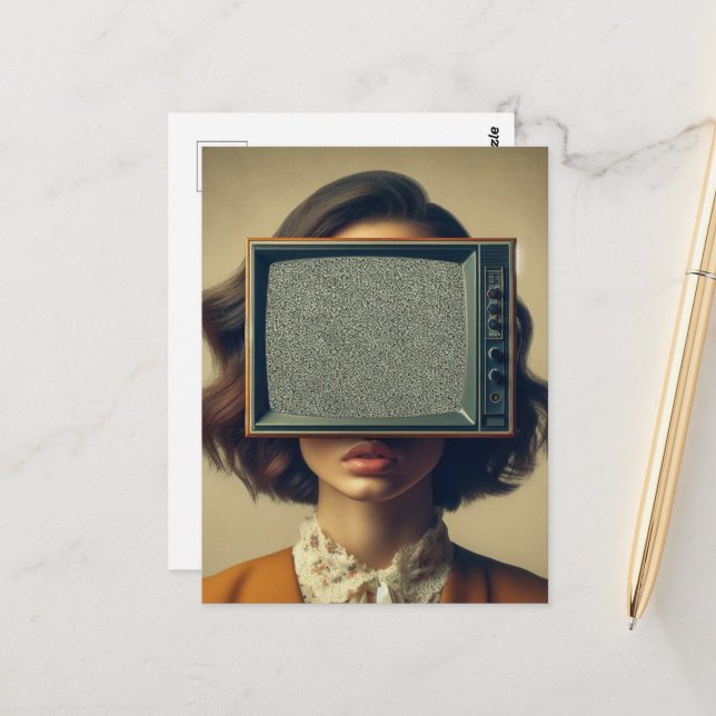 Vintage Frau mit Fernseher auf ihrem Kopf Postkarte (Vorderseite/Rückseite Beispiel)