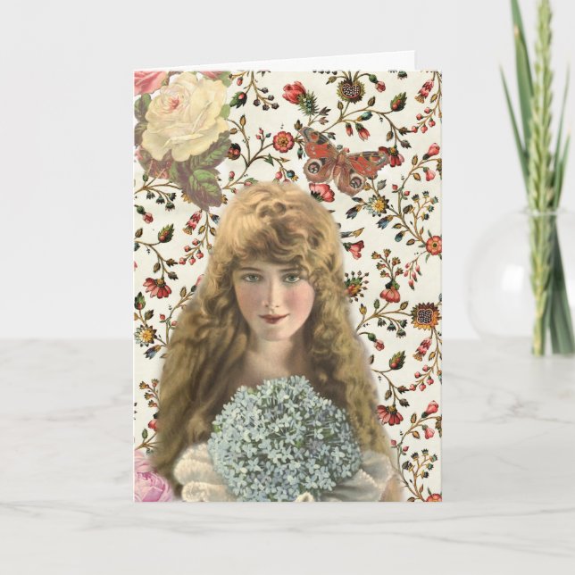 Vintage Frau mit Kaliko-Blumenmuster Karte (Vorderseite)