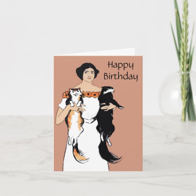Vintage Frau mit Katze Geburtstagskarte Karte (Vorderseite)