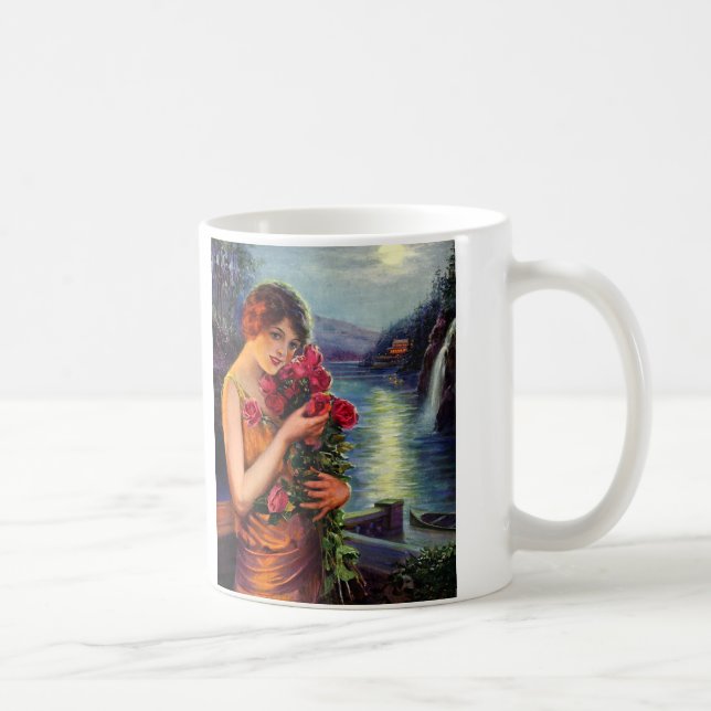 Vintage Frau mit Rote Rosen im Mondlicht Kaffeetasse (Rechts)