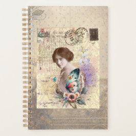 Vintage Frau mit Schmetterling und Flora Planer