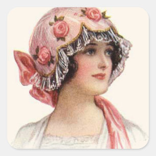 Vintage Frau und Hutaufkleber Quadratischer Aufkleber