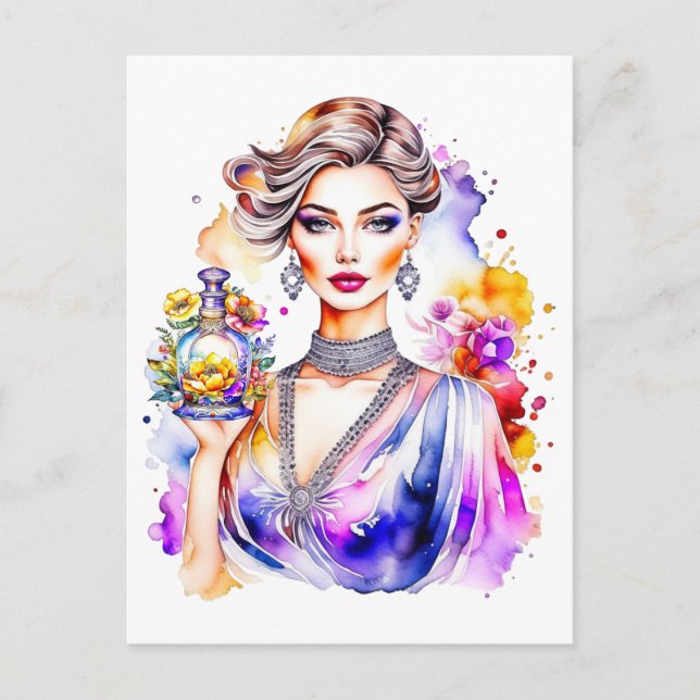 Vintage Frau und Parfümflasche Postkarte (Vorderseite)