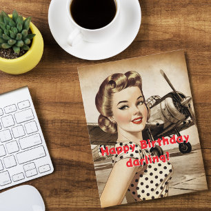 Vintage Frau und W2 Flugzeug, Elegant Birthda Postkarte