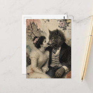 Vintage Frau und Werwolf verliebt Collage Postkarte