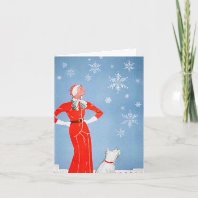 Vintage Frau & Westie Weihnachtsfest Karte (Vorderseite)