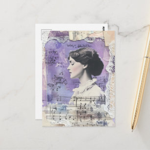 Vintage Frauen Collage Notenblatt Lila Postkarte